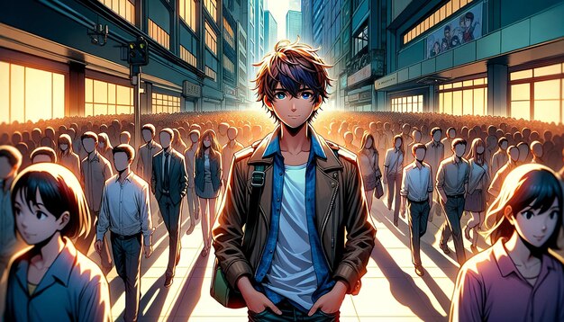 Photo illustration d'anime un jeune homme se démarquant de la foule