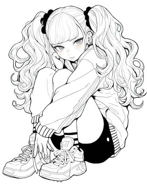 Photo illustration d'anime de manga pour adultes page de coloriage en noir et blanc