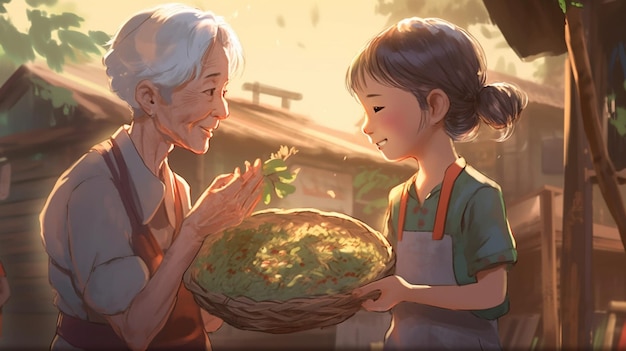Illustration animée d'une femme âgée et d'une jeune fille tenant un panier de nourriture générative ai