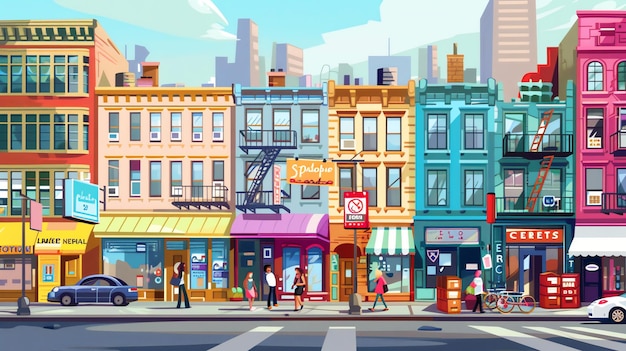 Une illustration animée d'une rue de la ville avec des magasins et des gens qui marchent