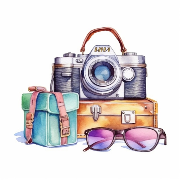 Photo illustration d'un appareil photo avec des sacs de voyage vintage