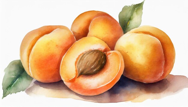 Illustration à l'aquarelle d'abricots mûrs sur un fond blanc