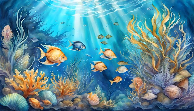Illustration à l'aquarelle d'algues et de poissons sous-marins fantastiques belles coquillages de méduses dans