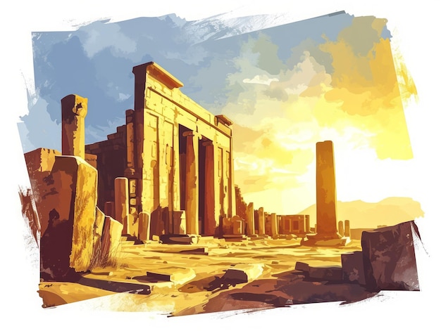 Illustration à l'aquarelle des anciennes ruines de Persépolis en Iran avec un fond de coucher de soleil