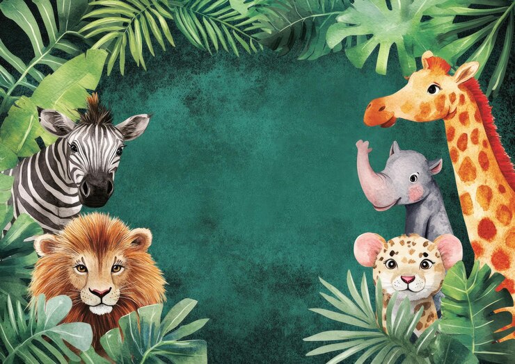 Photo illustration à l'aquarelle d'animaux africains entourés de feuilles tropicales