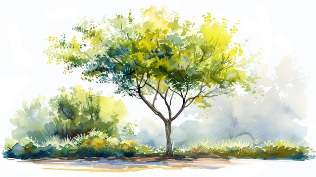 Illustration à l'aquarelle d'un arbre architectural pour la conception du paysage AI générative