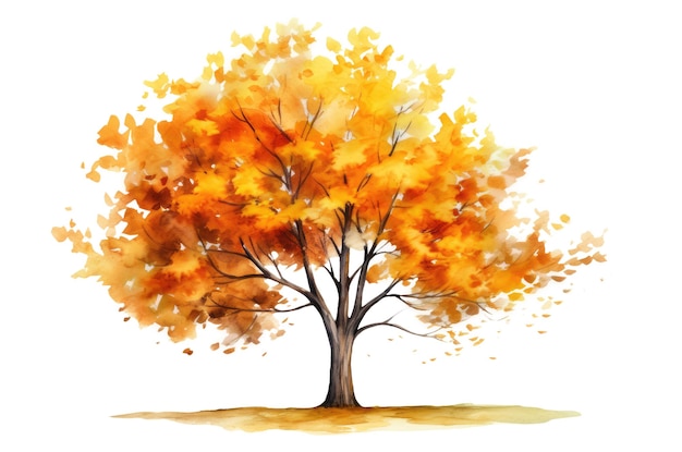 Illustration aquarelle d'un arbre d'automne au feuillage jaune isolé sur fond blanc IA générative