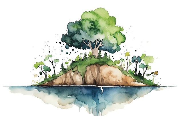 Une illustration à l'aquarelle d'un arbre sur une colline.