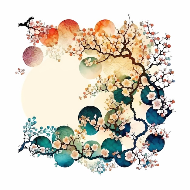 Illustration aquarelle d'un arbre avec des fleurs et des oiseaux