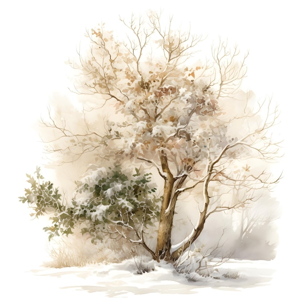 Illustration à l'aquarelle d'un arbre d'hiver isolé sur un fond blanc