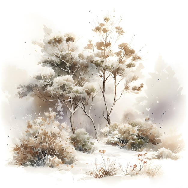 Illustration à l'aquarelle d'un arbre d'hiver isolé sur un fond blanc