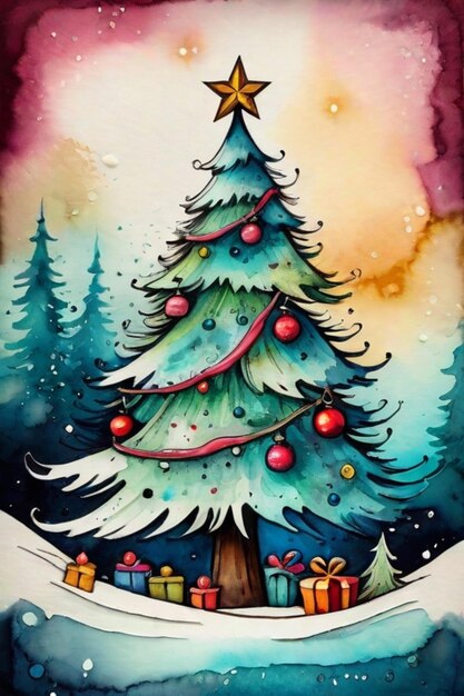 Illustration en aquarelle de l'arbre de Noël