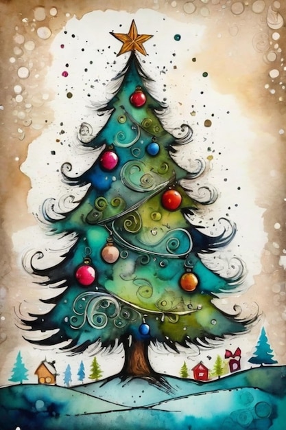 Illustration en aquarelle de l'arbre de Noël