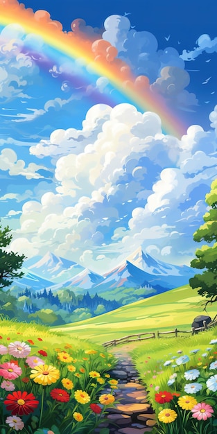 illustration à l'aquarelle de l'arc-en-ciel dans le champ vert avec une fleur