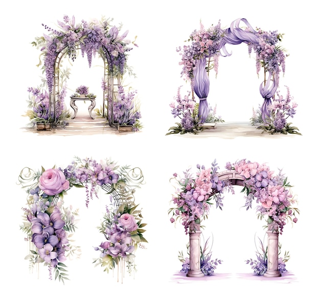 Photo illustration à l'aquarelle de l'arc de mariage pour la cérémonie lavande