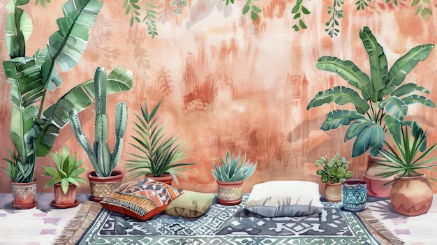 Illustration à l'aquarelle Arrière-plan du jardin domestique Mode de vie marocain Plantes vertes en pot oreillers de tapis traditionnels