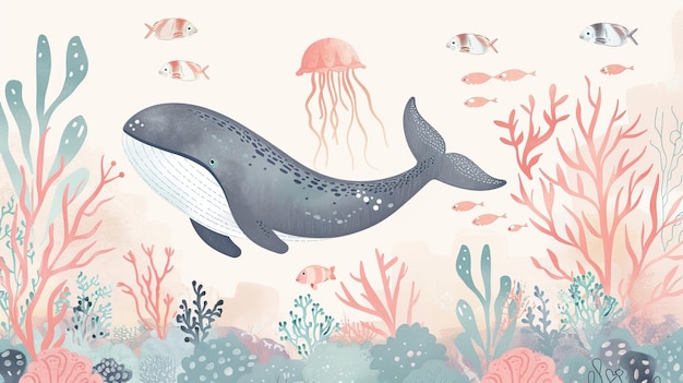 Illustration en aquarelle à l'arrière-plan paysage océan où les baleines pingouins poissons et dauphins sont
