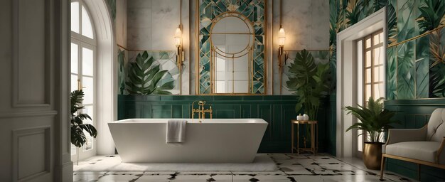 Photo illustration à l'aquarelle art déco salle de bain glamour et sereine avec des carreaux géométriques et des frondes de fougère en r