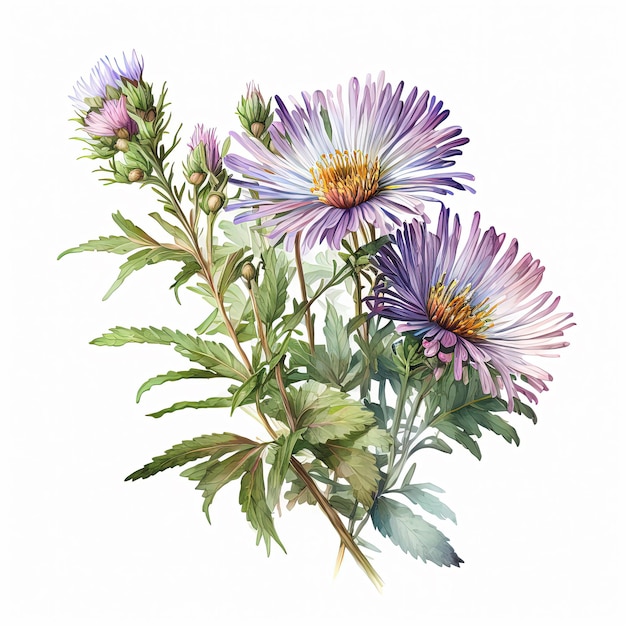 Illustration aquarelle aster sur fond blanc Art floral