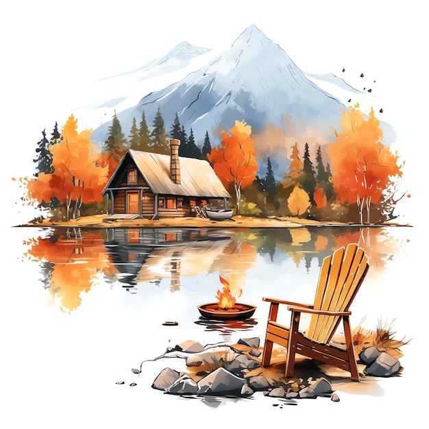 Illustration aquarelle d'automne de retraite au bord du lac
