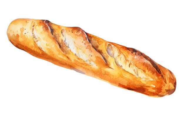 Illustration à l'aquarelle d'une baguette de pain français traditionnel isolée sur un fond blanc