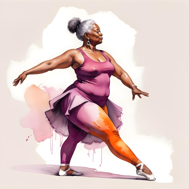 Illustration à l'aquarelle d'une ballerine de 70 ans dansant