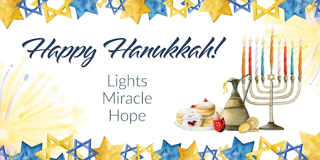 Photo illustration aquarelle de bannière horizontale happy hanukkah avec bougies de hanukkah étoile de beignets de david