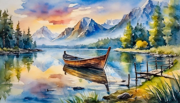 Illustration à l'aquarelle d'un beau paysage avec un bateau sur les montagnes du lac paysage naturel