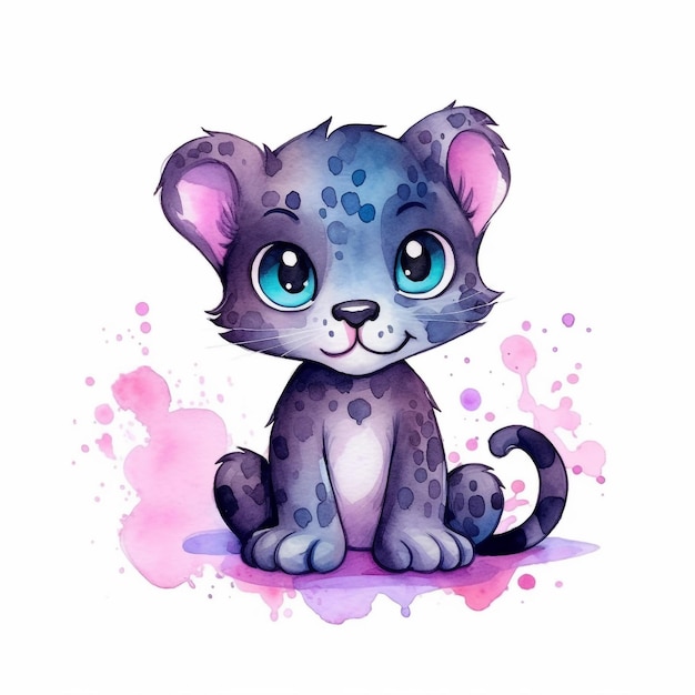 Illustration à l'aquarelle d'un bébé léopard aux yeux bleus.