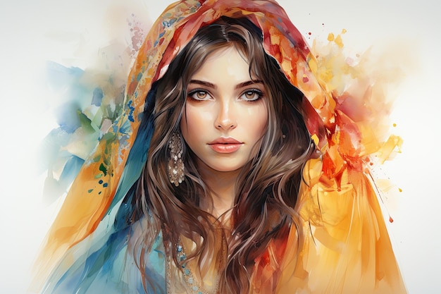 Illustration aquarelle de belle dame noble arabe âgée de 25 ans portant une robe décorée colorée