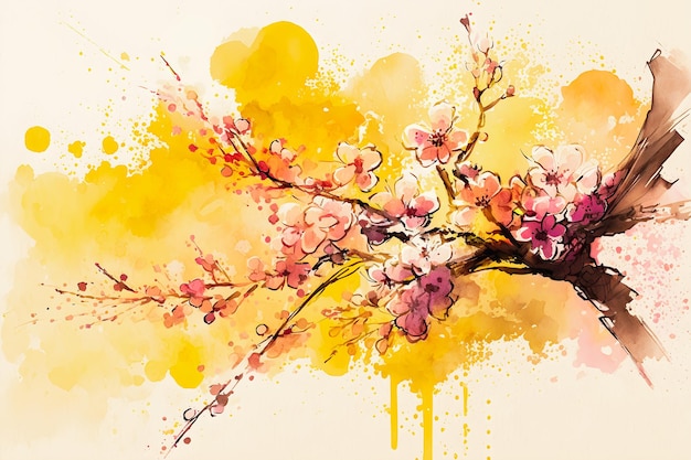 Illustration à l'aquarelle d'une belle fleur de cerisier sakura créée avec la technologie Generative AI.