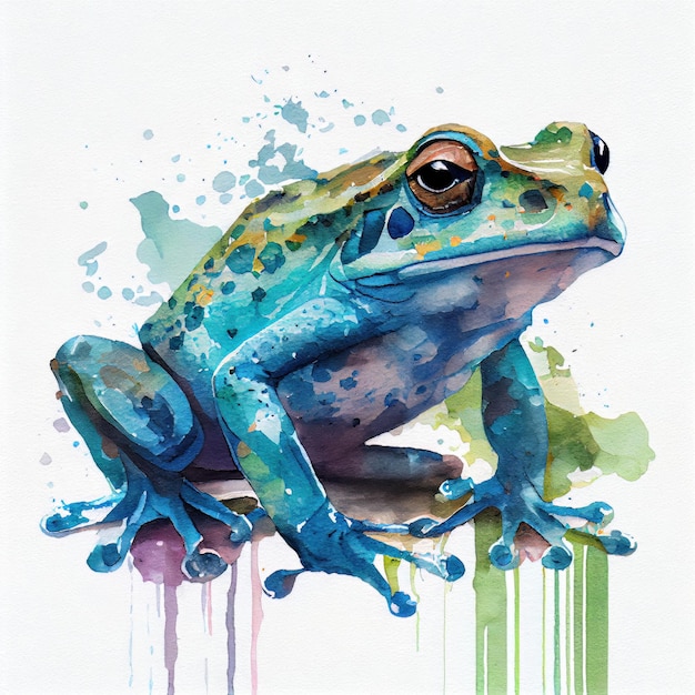 Illustration à l'aquarelle avec une belle grenouille de couleur verte et bleue Generative AI