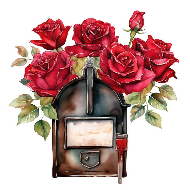 Illustration à l'aquarelle d'une boîte aux lettres retro vintage entourée de roses rouges en fleurs