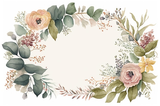Illustration aquarelle de bordure florale douce sur fond blanc