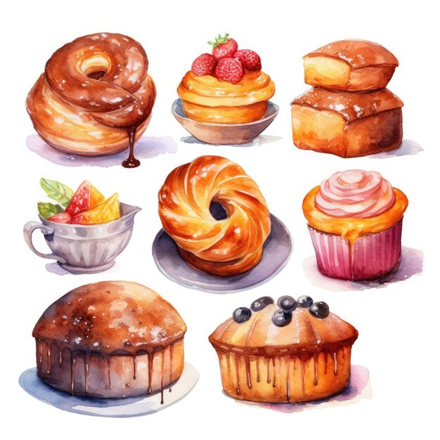 Photo illustration en aquarelle de boulangerie pastel sur fond blanc