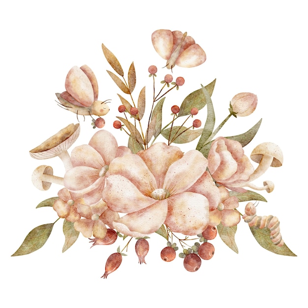 Illustration à l'aquarelle bouquet d'automne fleurs feuilles champignons baies récolte dessinée à la main isolée