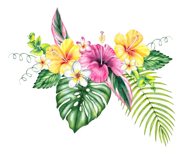 Illustration à l'aquarelle de bouquet de fleurs fleurs tropicales feuilles de palmier d'hibiscus isolées sur blanc