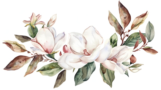 Photo illustration à l'aquarelle d'un bouquet de fleurs de magnolia blanches avec des feuilles vertes branche de magnolia avec des bourgeons et des fleurs dessinées à la main dans un sty réaliste