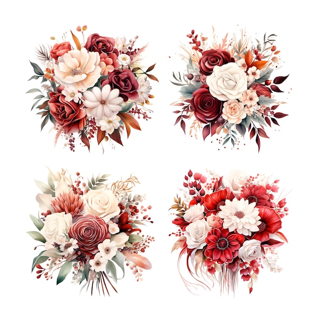 Photo illustration à l'aquarelle bouquet de mariage marsala rouge