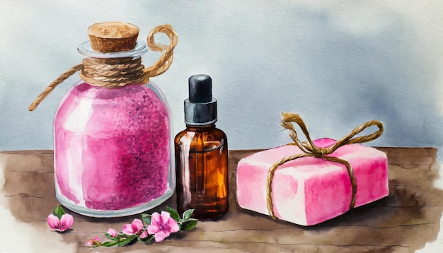 Illustration à l'aquarelle d'une bouteille de verre de savon fait à la main rose dessiné à la main