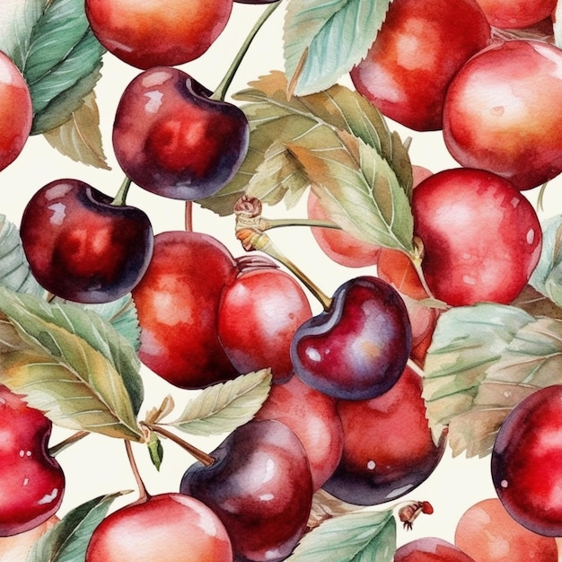 Illustration à l'aquarelle d'une branche avec des cerises.