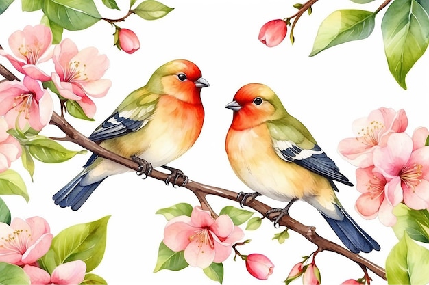 illustration à l'aquarelle d'une branche de pommier en fleurs avec deux oiseaux amoureux