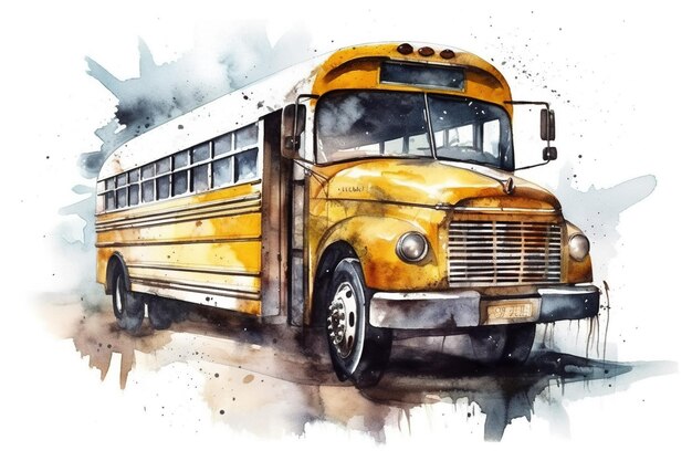 Illustration en aquarelle d'un bus scolaire américain jaune avec des éclaboussures d'aquarelle