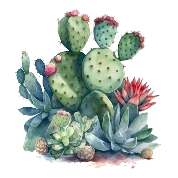 Illustration aquarelle d'un cactus plante d'intérieur succulente IA générative