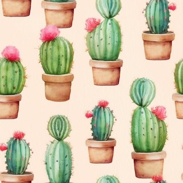 Illustration à l'aquarelle d'un cactus en pots.