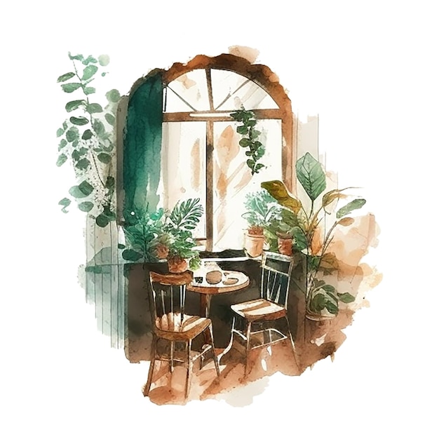 Illustration à L'aquarelle D'un Café Avec Un Intérieur Confortable, Une Grande Fenêtre éclairée Et Des Plantes Vertes