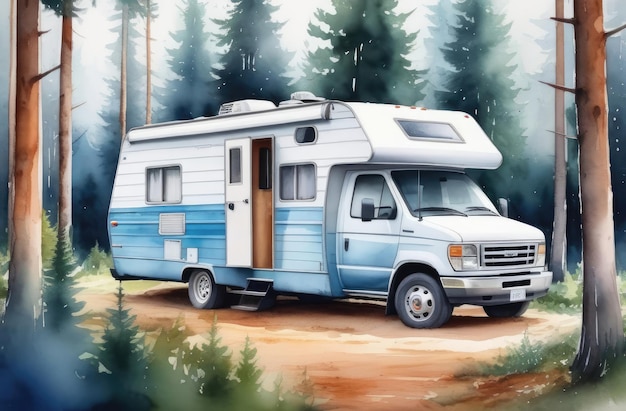 illustration à l'aquarelle d'un camion de camping stationné dans la forêt en vacances dans la nature sauvage