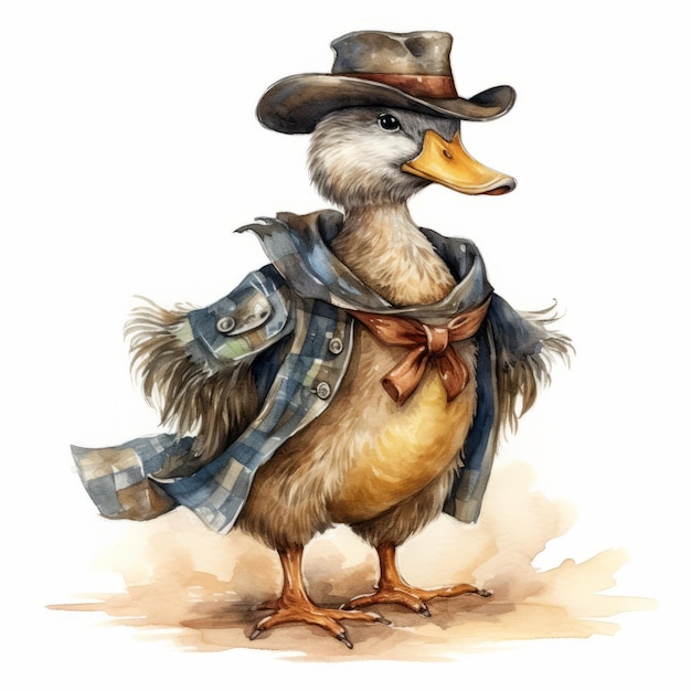 Photo illustration à l'aquarelle d'un canard dans le style d'un cow-boy