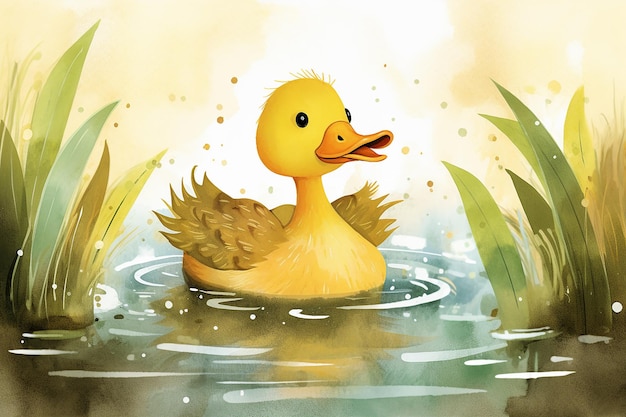 Une illustration à l'aquarelle d'un canard nageant dans l'étang