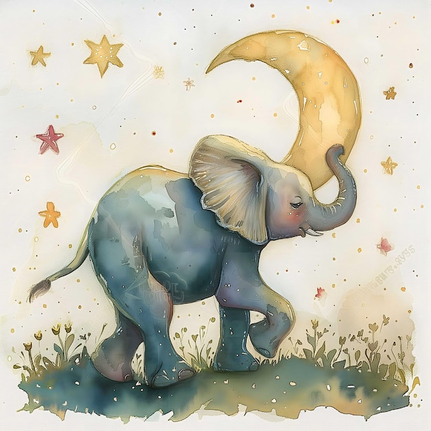 Illustration à l'aquarelle capricieuse de l'éléphant de lune dans le style Bamileke